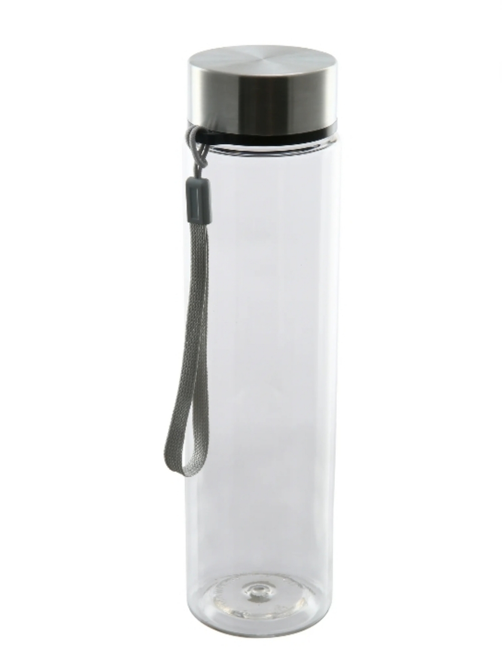 Clear Water Bottle with Silver Cap and Gray Strap 18 oz
